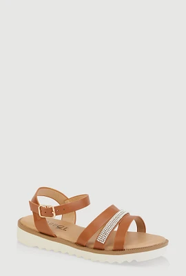 Womens Girls Rhinestone Detail Strappy Sandals, Brown, Size 13