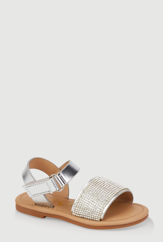Womens Toddler Girls Rhinestone Band Velcro Strap Sandals, Silver,
