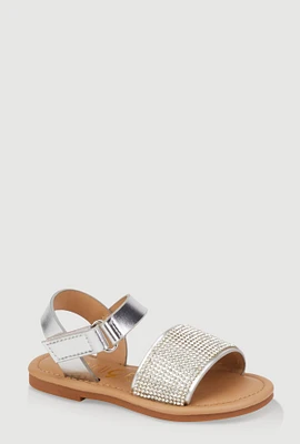 Womens Toddler Girls Rhinestone Band Velcro Strap Sandals, Silver,