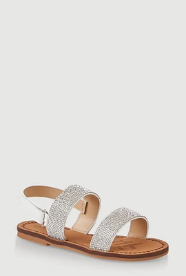 Womens Girls Rhinestone Double Banded Velcro Ankle Strap Sandals, White,