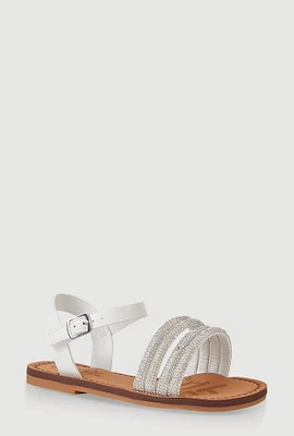 Womens Girls Rhinestone Strappy Band Sandals, White,