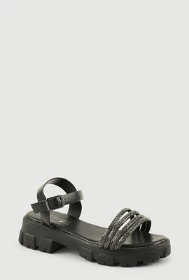 Womens Girls Rhinestone Strappy Band Platform Sandals, Black, Size 11