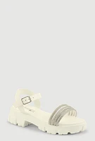 Womens Girls Rhinestone Strappy Band Platform Sandals, White, Size 2