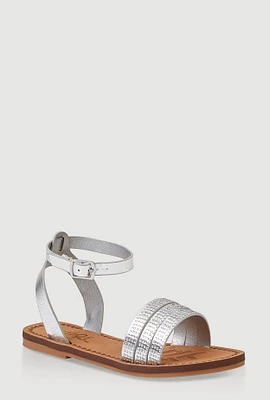 Womens Girls Triple Rhinestone Band Sandals, Silver, Size 2