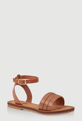 Womens Girls Triple Rhinestone Band Sandals, Brown, Size 1