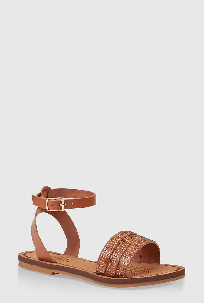 Womens Girls Triple Rhinestone Band Sandals,
