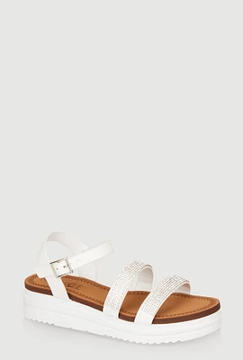 Womens Girls Rhinestone Ankle Strap Wedge Sandals, White,