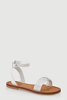 Womens Girls Rhinestone Ankle Strap Sandals, White, Size 13
