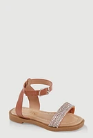 Womens Toddler Girls Rhinestone Strap Band Sandals, Brown,