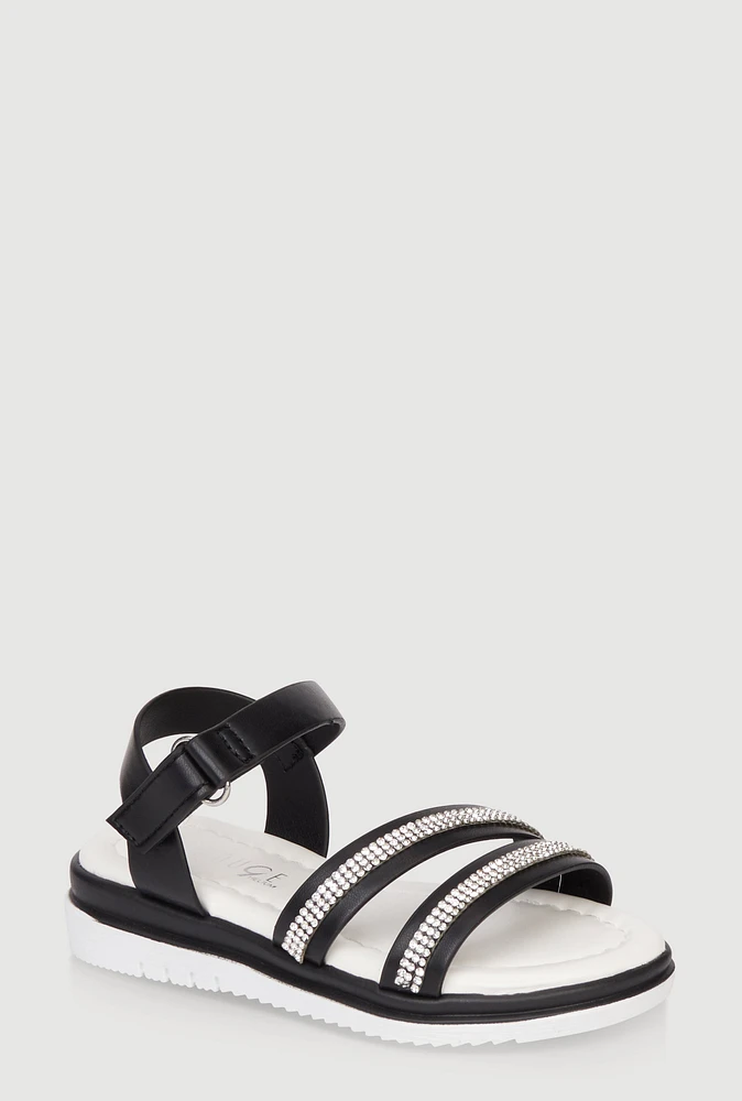 Womens Toddler Girls Rhinestone Double Band Velcro Ankle Strap Sandals, Black, Size 8