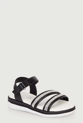 Womens Toddler Girls Rhinestone Double Band Velcro Ankle Strap Sandals, Black, Size 8