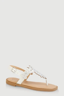 Womens Girls Rhinestone Flower Thong Sandals, White,