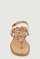 Womens Girls Rhinestone Flower Thong Sandals, Brown,