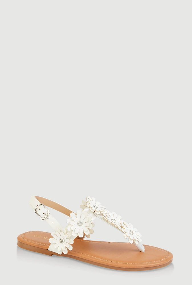 Womens Girls Flower Buckle Strap Thong Sandals, White, Size 3