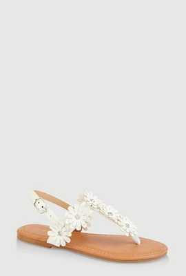 Womens Girls Flower Buckle Strap Thong Sandals, White, Size 3