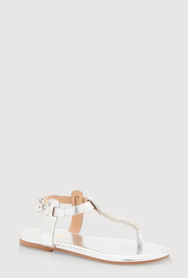 Womens Girls Rhinestone Ankle Strap Thong Sandals, Silver, Size 11