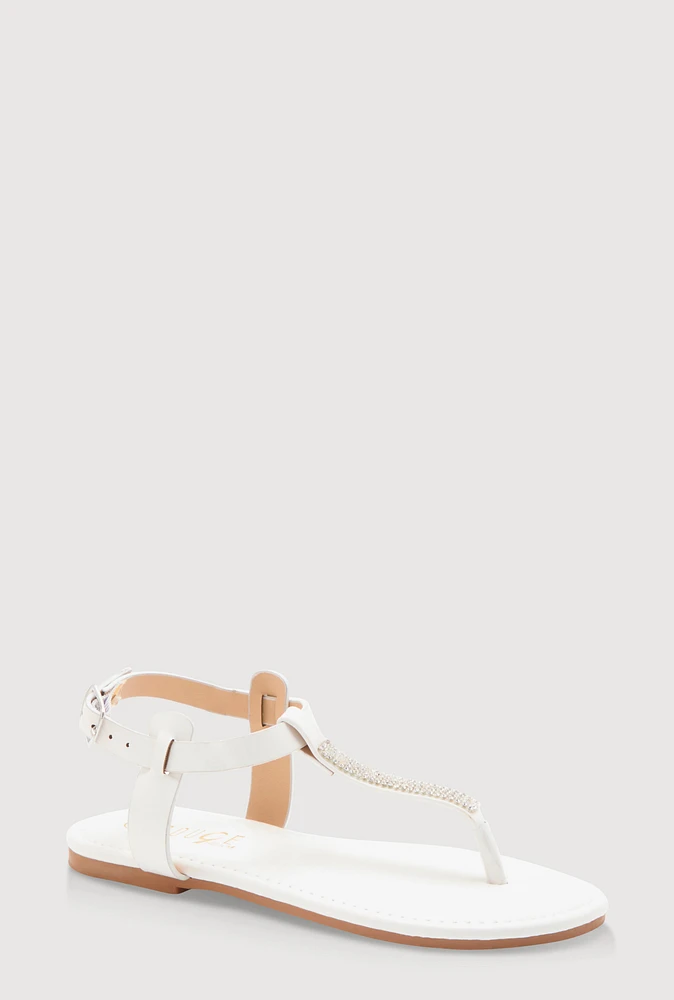 Womens Girls Rhinestone Ankle Strap Thong Sandals, White,