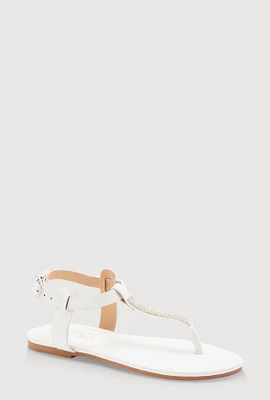 Womens Girls Rhinestone Ankle Strap Thong Sandals, White,