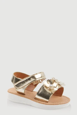 Womens Toddler Girls Faux Pearl 3D Flower Band Sandals, Gold, Size 8