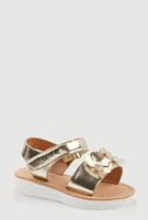 Womens Toddler Girls Faux Pearl 3D Flower Band Sandals, Gold, Size 5
