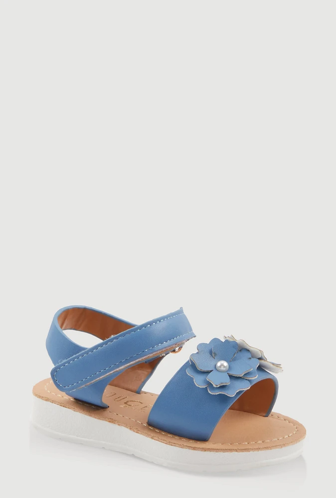 Womens Toddler Girls Faux Pearl 3D Flower Band Sandals, Blue,