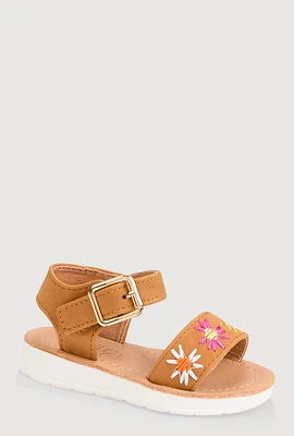 Womens Toddler Girls Floral Decorative Stitch Sandals, Brown, Size 6
