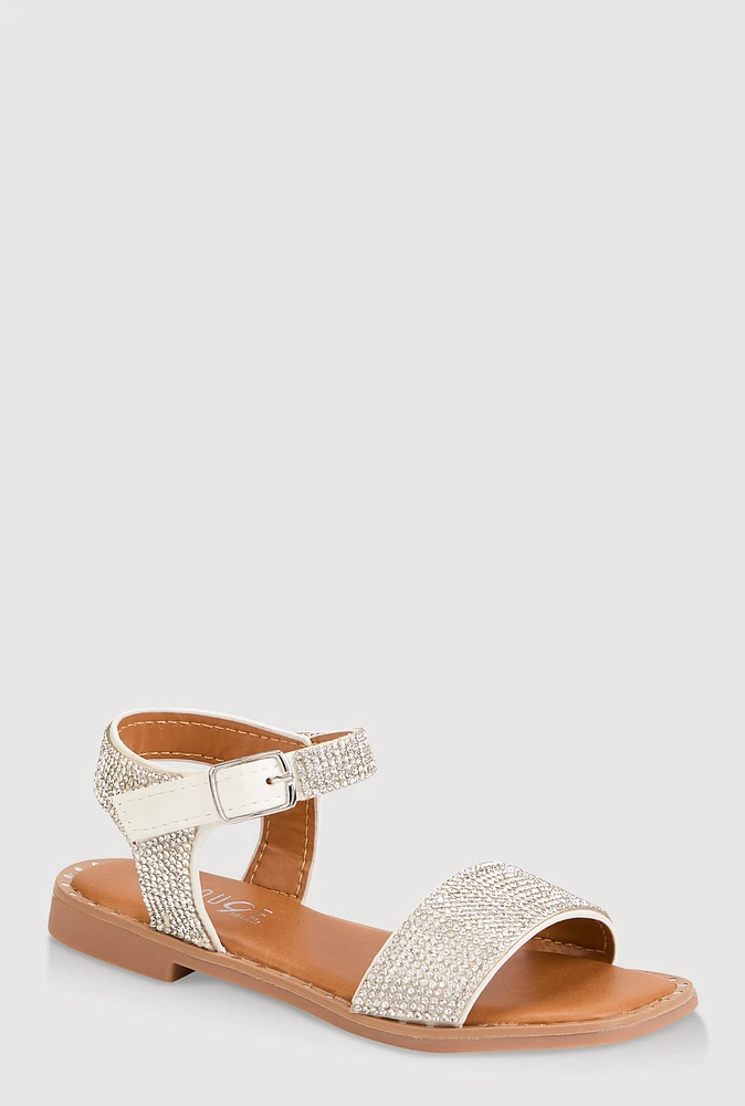 Girls Rhinestone Studded Sandals, White, YOUTH