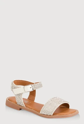 Girls Rhinestone Studded Sandals, White, YOUTH