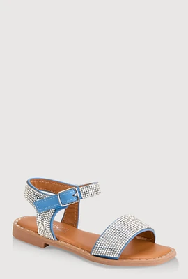 Girls Rhinestone Studded Sandals, Blue, YOUTH