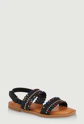 Girls Studded Gemstone Velcro Strap Sandals, YOUTH