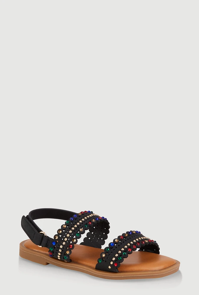 Girls Studded Gemstone Velcro Strap Sandals, Black, Size YOUTH 1