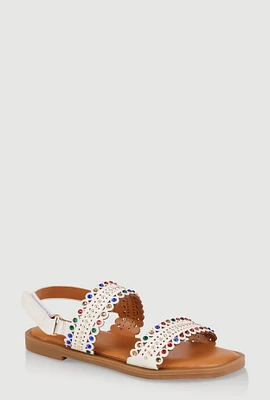 Girls Studded Gemstone Velcro Strap Sandals, White, YOUTH