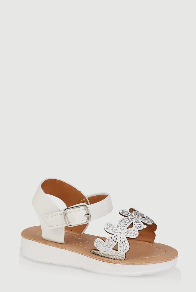 Womens Toddler Girls Rhinestone Floral Band Sandals, White, Size 9