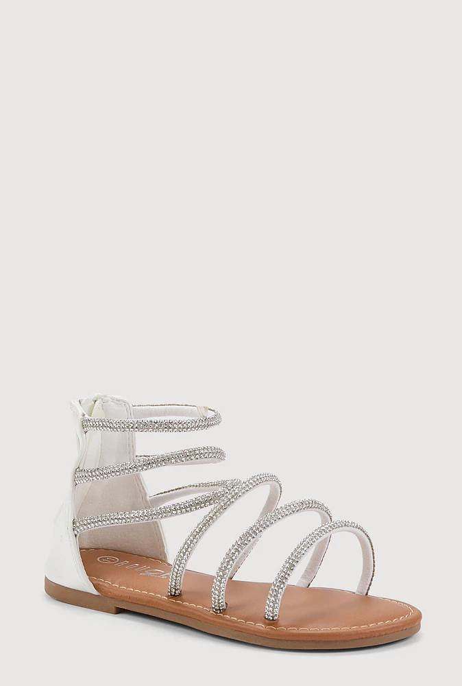 Girls Rhinestone Studded Gladiator Sandals, White, Size YOUTH 2