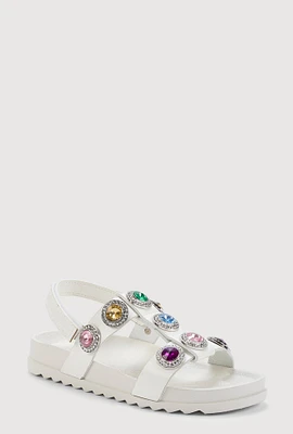 Womens Girls Rhinestone Jeweled Footbed Sandals, White, Size 1