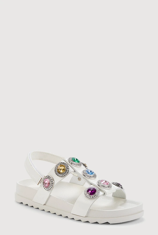 Womens Girls Rhinestone Jeweled Footbed Sandals, White,