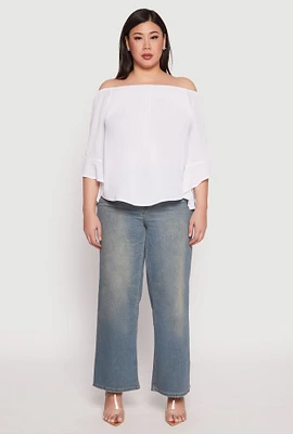 Womens Plus Size Smocked Off the Shoulder Blouse, White, Size 2X