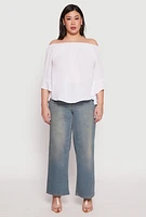 Womens Plus Size Smocked Off the Shoulder Blouse, White, Size 2X