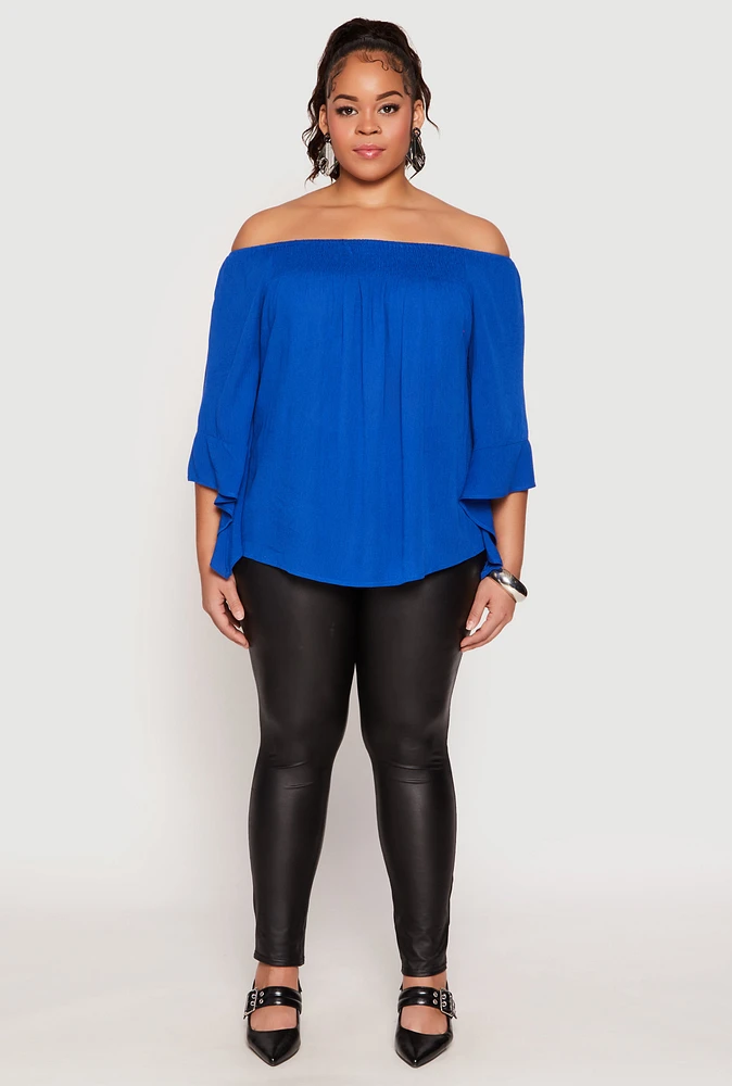 Womens Plus Size Smocked Off the Shoulder Blouse, Blue, Size 1X