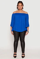 Womens Plus Size Smocked Off the Shoulder Blouse, Blue, Size 1X