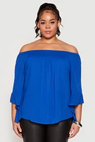 Womens Plus Size Smocked Off the Shoulder Blouse, Blue, Size 1X