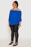 Womens Plus Size Smocked Off the Shoulder Blouse, Blue, Size 1X