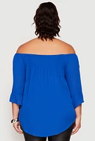 Womens Plus Size Smocked Off the Shoulder Blouse, Blue, Size 1X