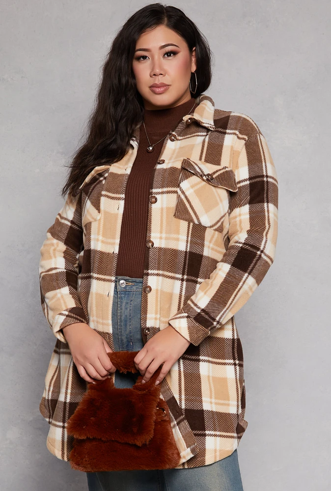 Womens Plus Size Plaid Fleece Long Shacket, Brown, Size 1X