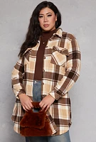 Womens Plus Size Plaid Fleece Long Shacket, Brown, Size 1X