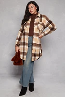 Womens Plus Size Plaid Fleece Long Shacket, Brown, Size 1X