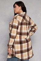 Womens Plus Size Plaid Fleece Long Shacket, Brown, Size 1X