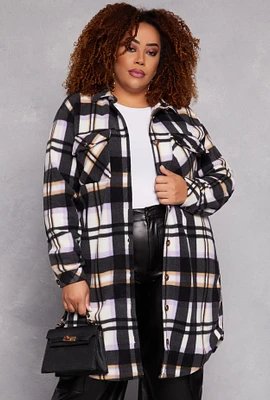 Womens Plus Size Plaid Fleece Long Shacket, Multi, Size 1X