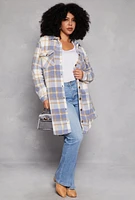 Womens Plus Size Plaid Fleece Long Shacket, Blue, Size 1X