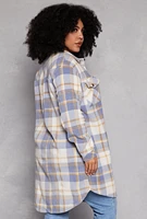 Womens Plus Size Plaid Fleece Long Shacket, Blue, Size 1X